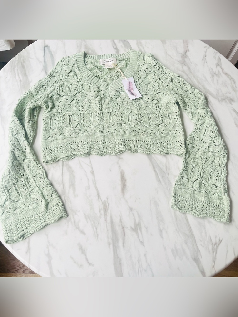 Jessica Simpson Mint Green Crochet Crop Sweater Bell Sleeve NWT